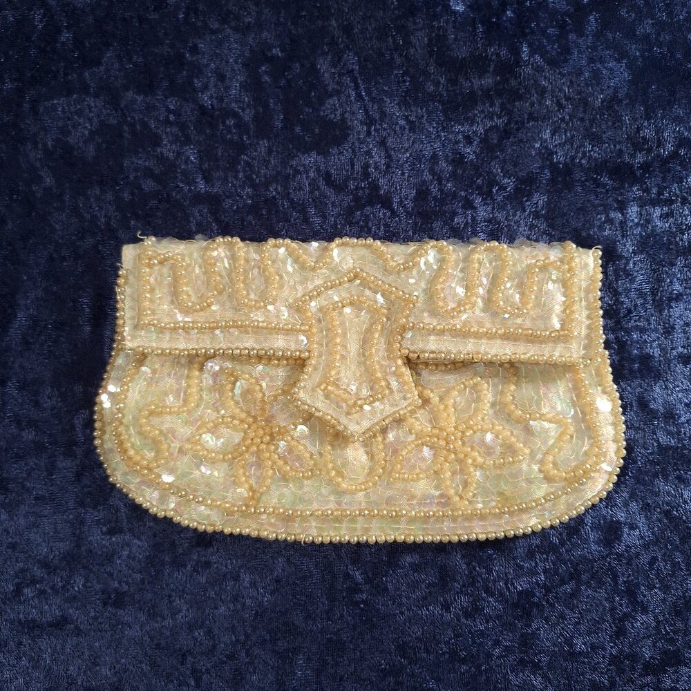 Vintage John Wind Japan Bead & Sequin Clutch Purse Ivory/Gold Mid-century Glam